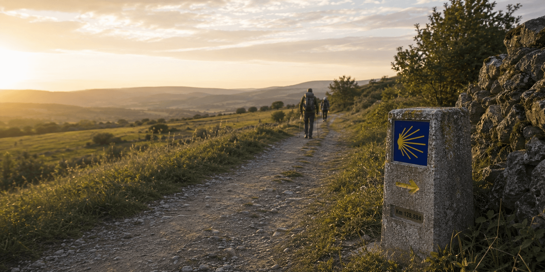 Pilgrims walking the Camino de Santiago in Galicia at golden hour