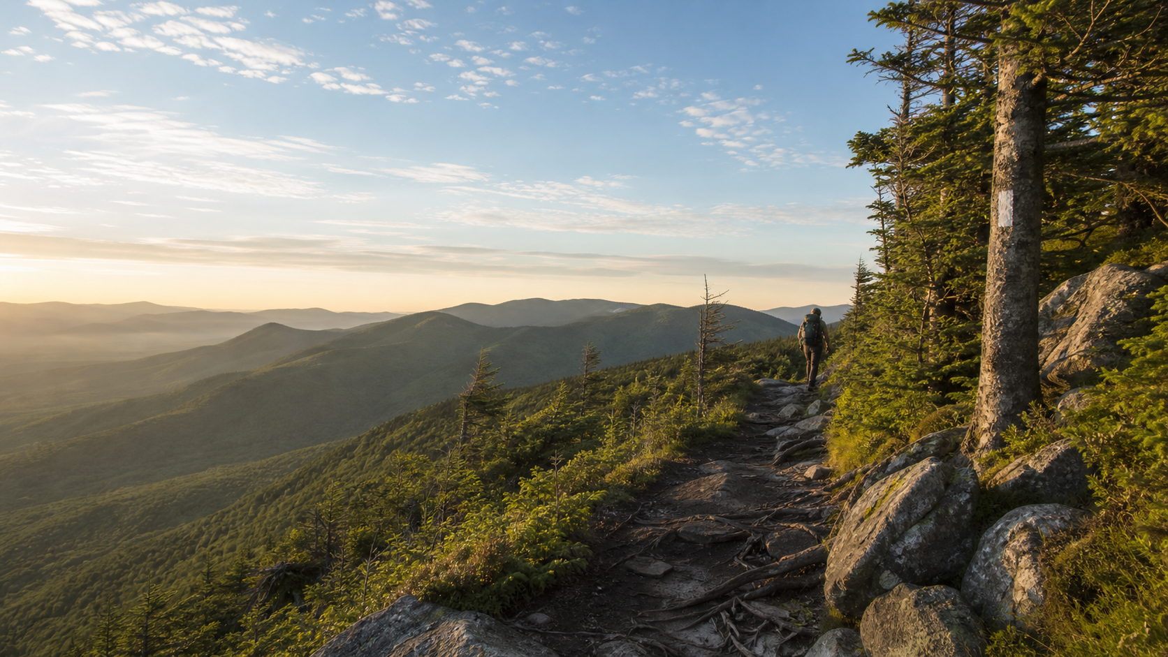 A backpacker hiking Vermont's Long Trail along a Green Mountains ridgeline at sunrise